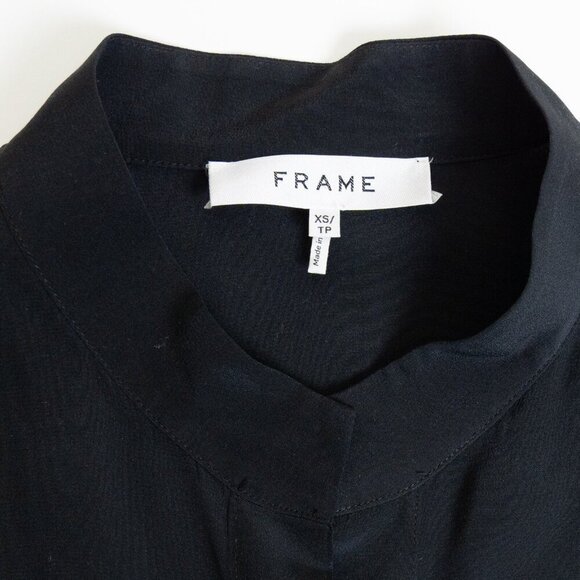 FRAME Silk Blouse Black Flounce Short Sleeve Top Button Up XS - Picture 5 of 14